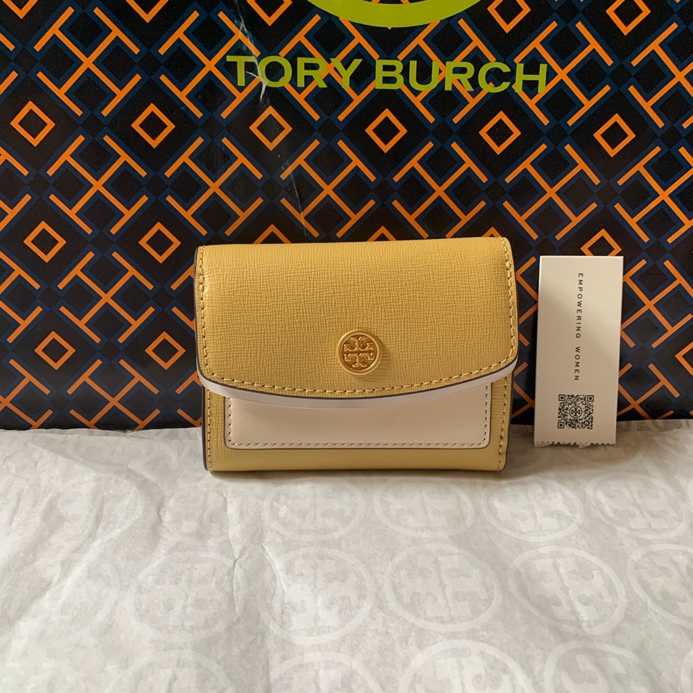 Tory Burch Yellow Leather Small Wallet with Cream Accent